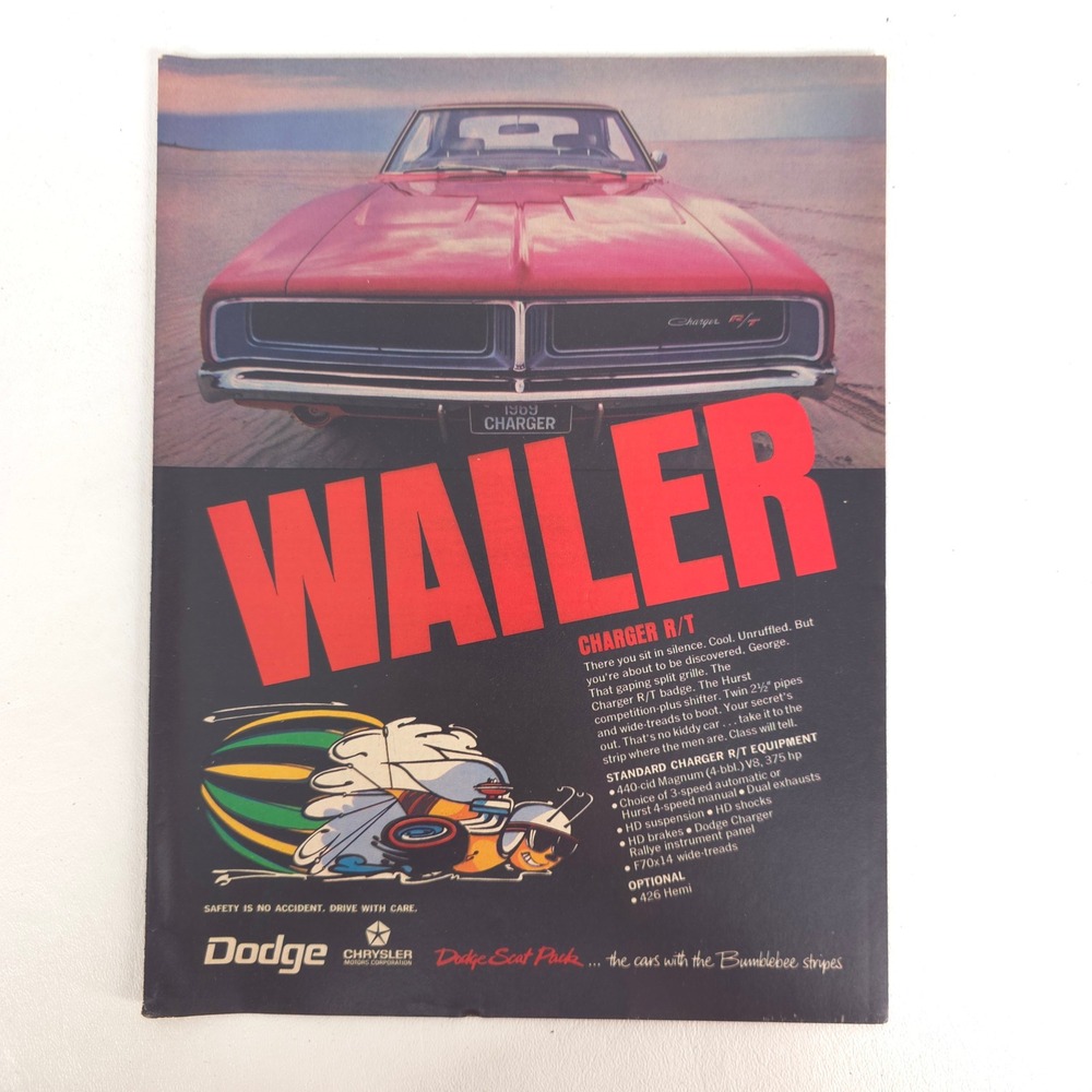 Vintage Dodge Charger RT Print Ad Performance Garage Wall Art Car Show Display